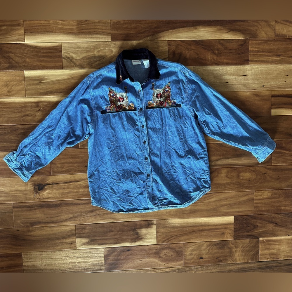Bobbie Brooks Vintage Denim Christmas Shirt with Velvet Collar size XL